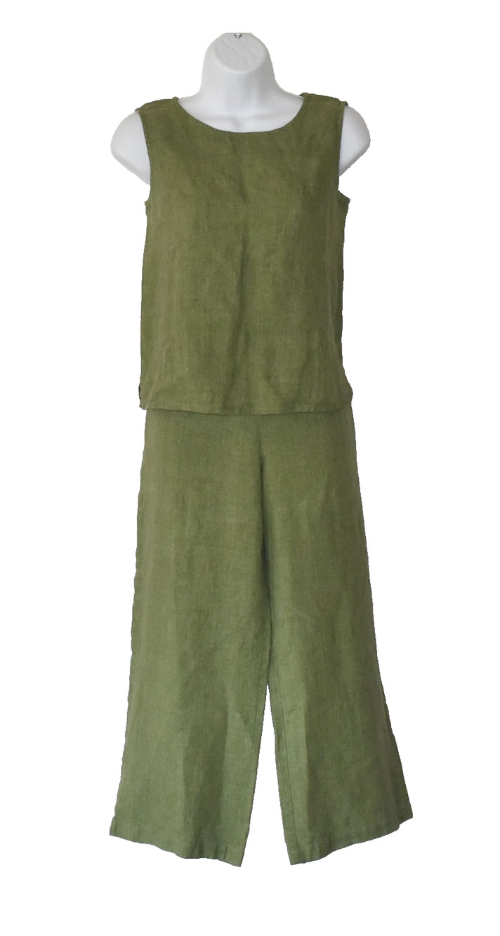 A7 Auth EILEEN FISHER Green 100% Irish Linen Top & Wide Leg Pants Set Size XS